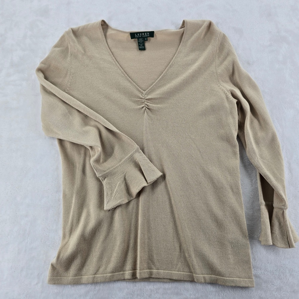 Lauren Ralph Lauren Sweater‎ Womens M V-Neck Tan Silk Cashmere Ruffle Cuff